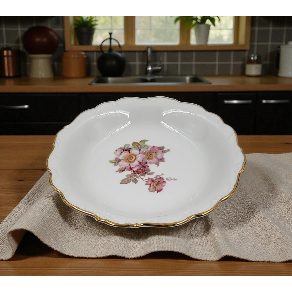Schumann Arzberg Briar Rose 7 7/8" Soup Bowl Bavaria Germany Gold Trim 1950s